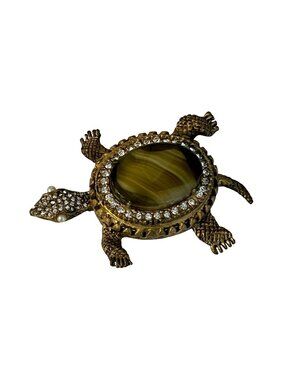 Vintage Turtle Brooch Gold Tone Tiger Eye Rhinestone Faux Pearl Figural Pin 2.5”